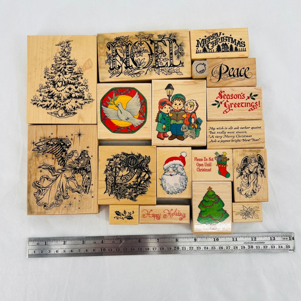 Christmas Rubber Stamp Lot Mixed Size Wood Noel Angel Santa Vintage 18 pcs